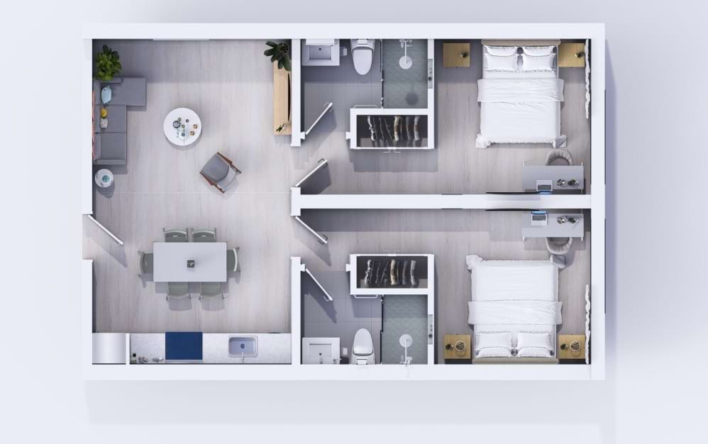 2 Bedroom Apartment - 2 bedroom floorplan layout with 2 bathrooms and 770 square feet (Floorplan
)